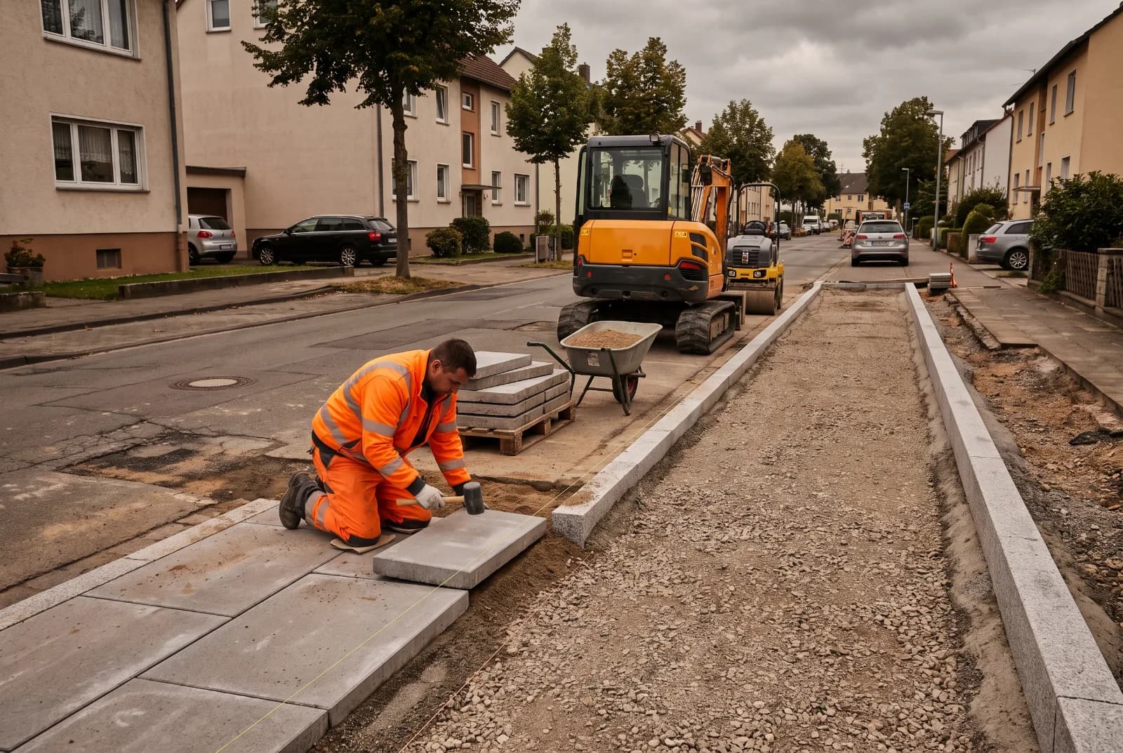Gehweg im Bau: ein Bauarbeiter verlegt Betonplatten nach gespannter Schnur, daneben liegt die verdichtete Tragschicht für den späteren Radweg hinter dem bereits gesetzten Bord.