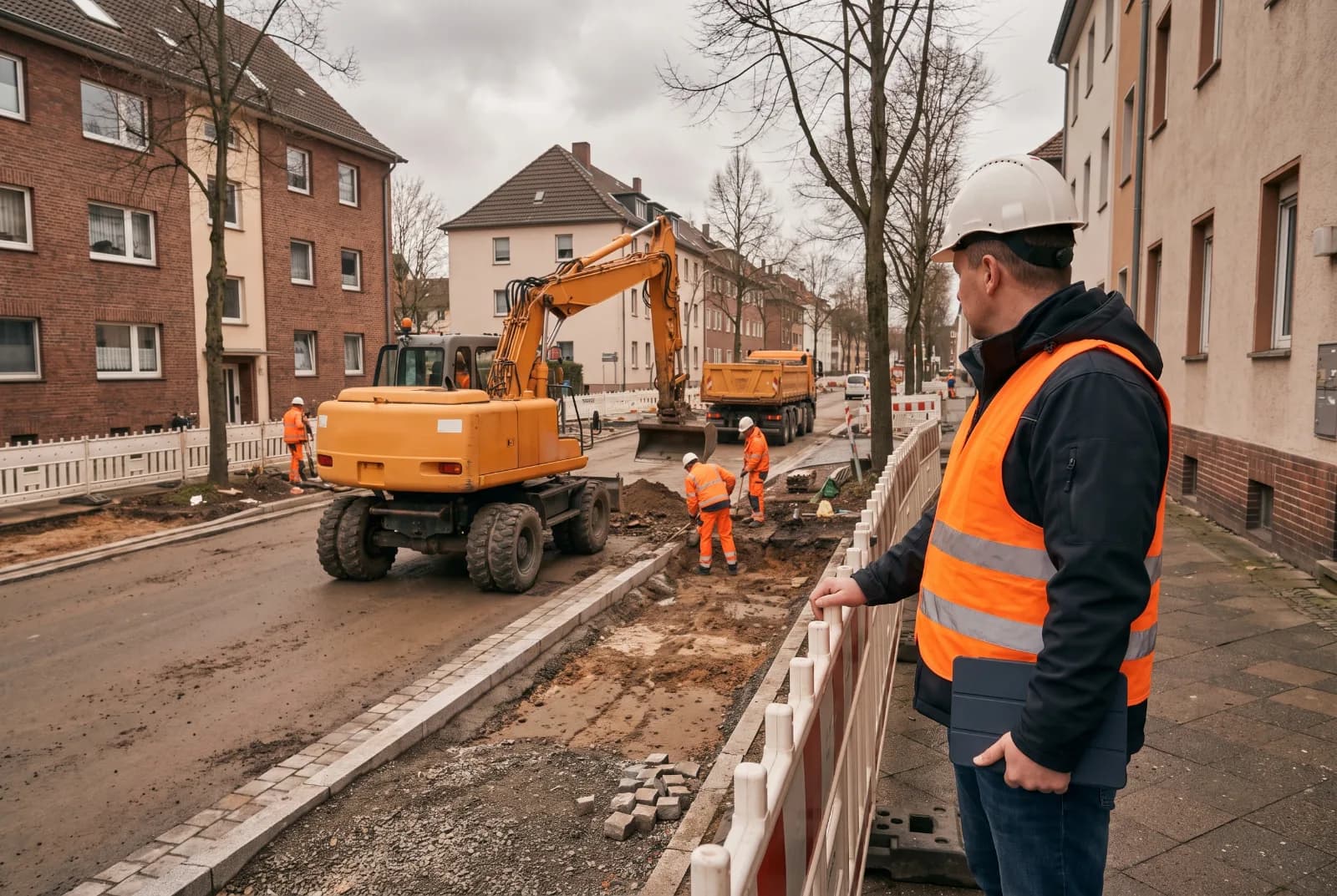 Bauleitung mit Tablet steht am Rand einer aufgerissenen Berliner Wohnstraße und überblickt Bagger, Kipper und die arbeitende Kolonne.