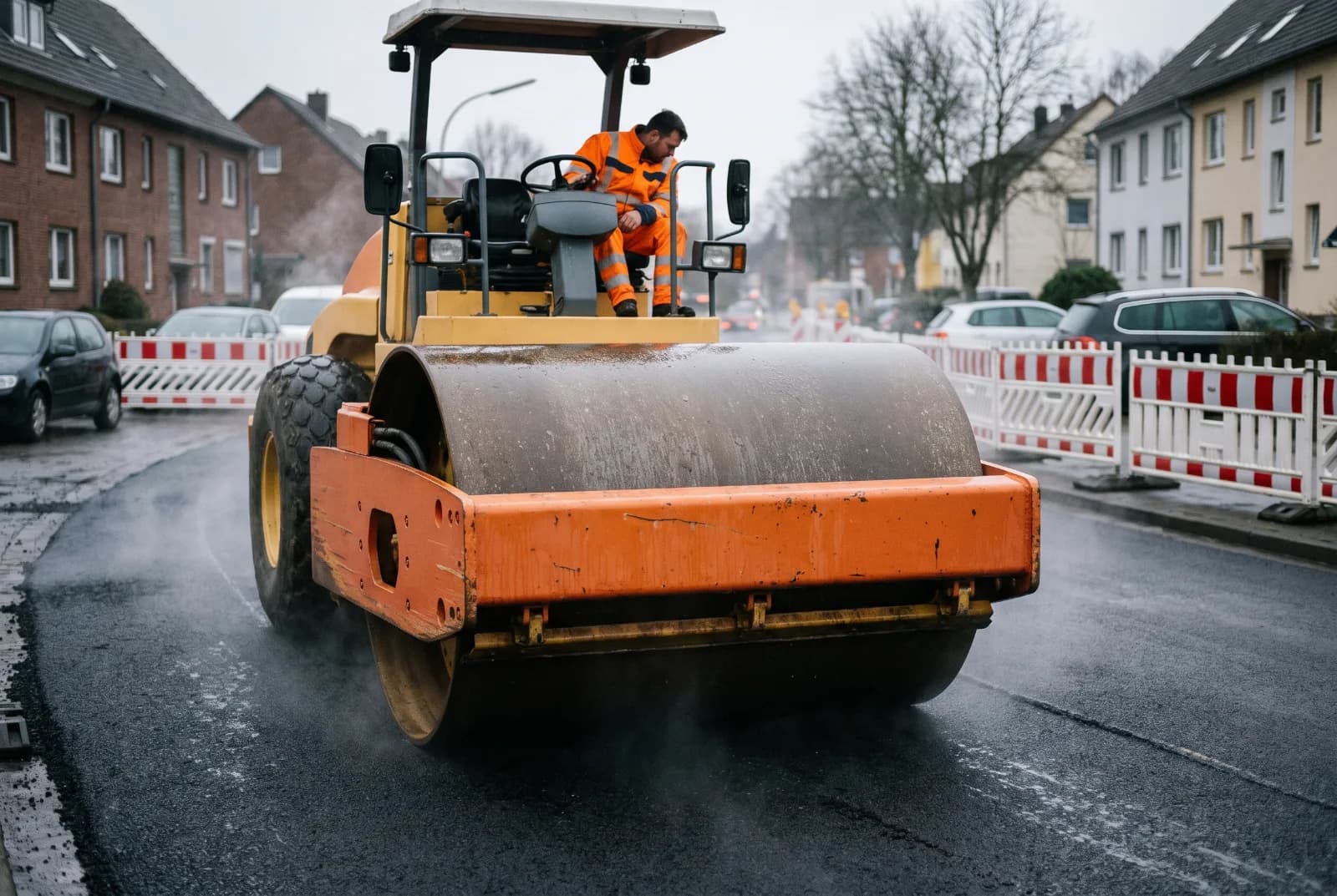 Tandemwalze verdichtet aus niedriger Perspektive eine frisch eingebaute Asphaltschicht, der Maschinenführer sitzt in der offenen Kabine und beobachtet die Bandage.