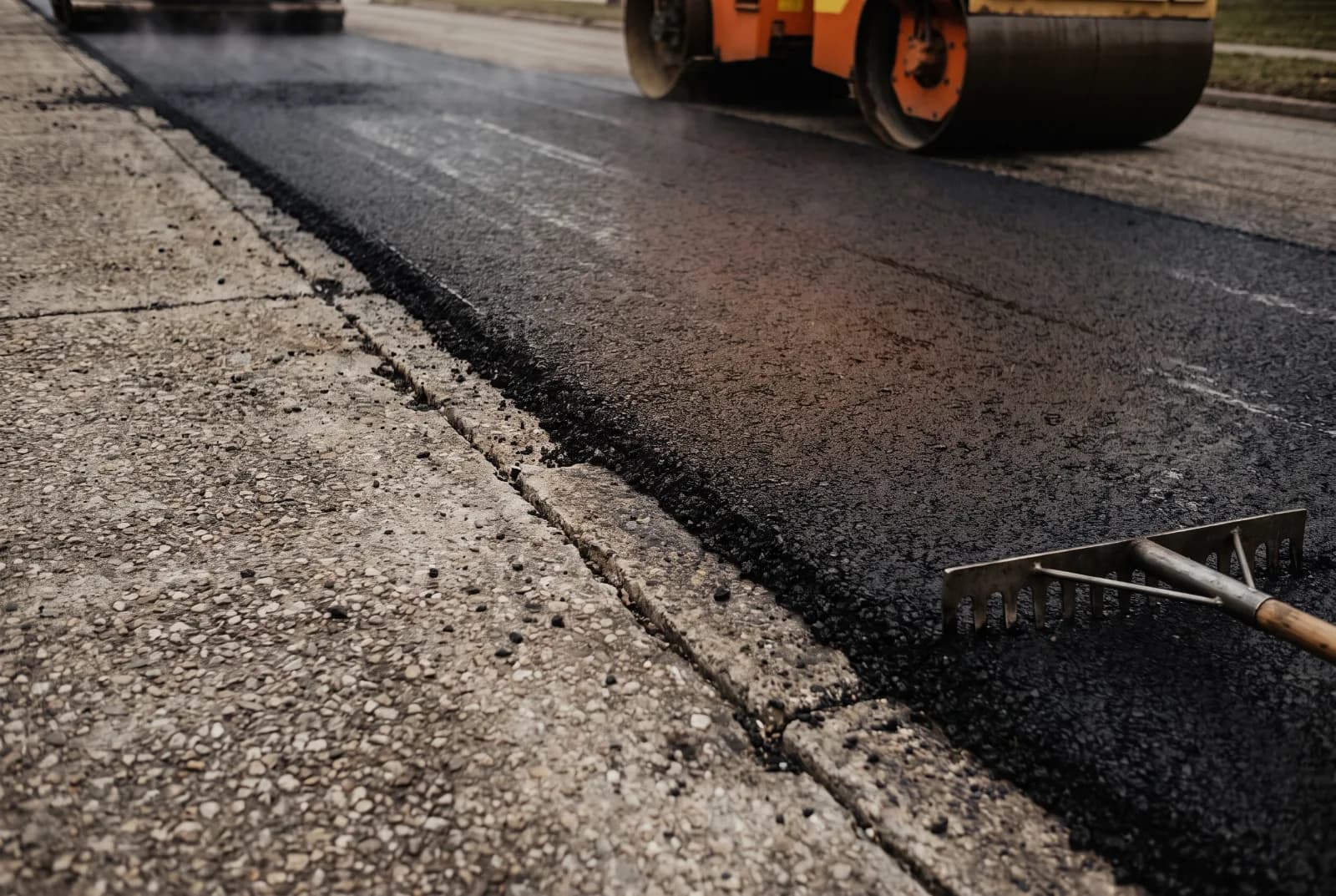 Detail der Nahtstelle zwischen frisch eingebautem Asphalt und der alten Fahrbahndecke, daneben ein Asphaltrechen.