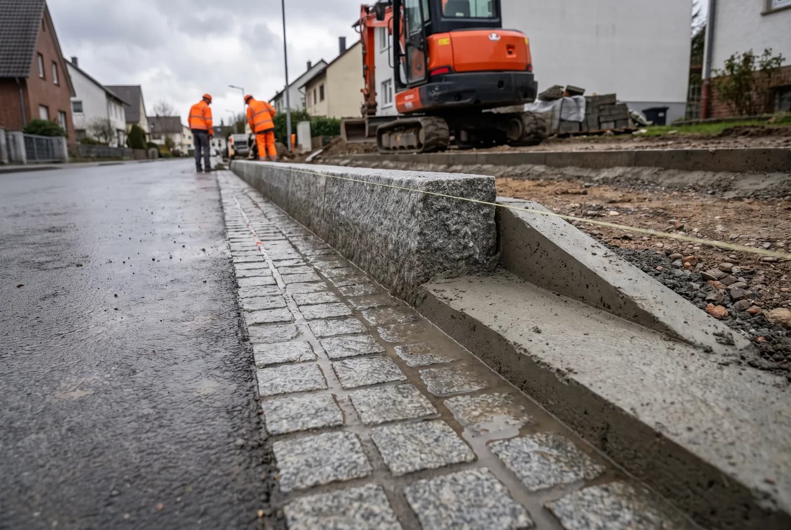 Granitbord auf Betonbett mit Rückenstütze, davor eine dreireihige Pflasterrinne als Tiefpunkt der Entwässerung; die Fahrbahn fällt zur Rinne hin ab.