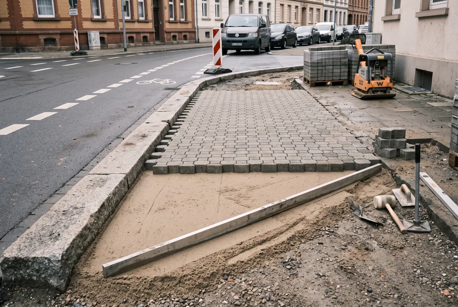 Teilweise verlegter Betonsteinbelag auf einem Gehweg mit Granitbordstein, Bettungssand und Abziehlehre.