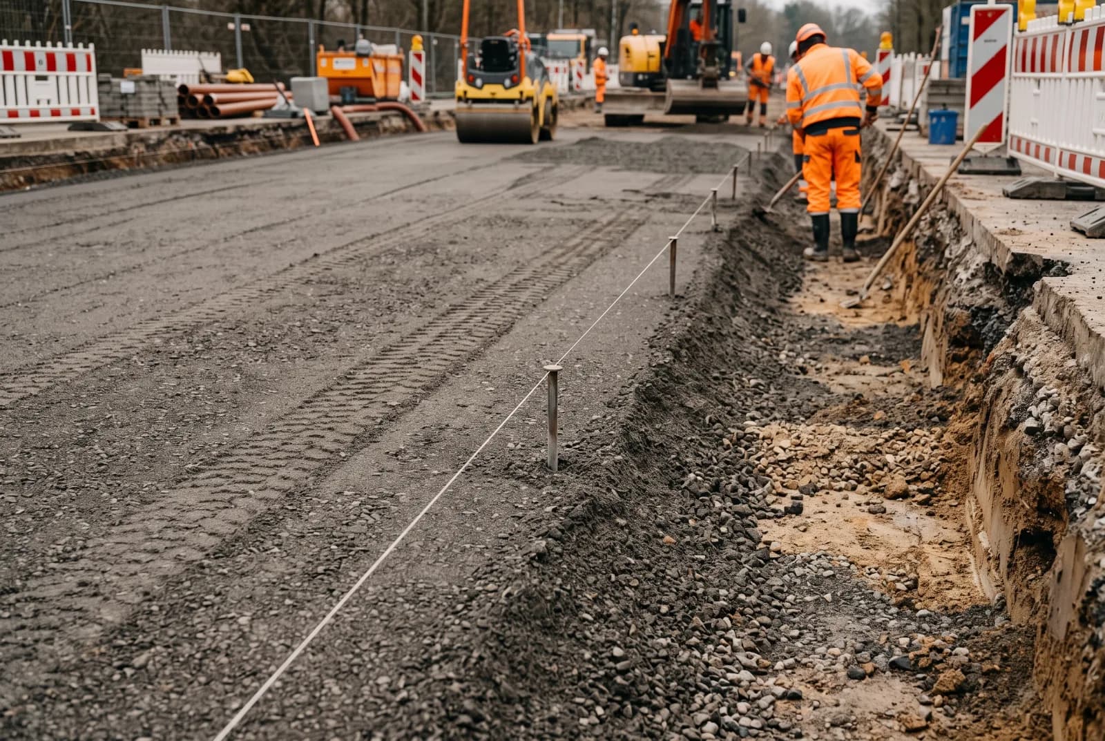Fertig hergestelltes Planum auf einer Straßenbaustelle: verdichtete Oberfläche mit Schnurgerüst, daneben der Aufbau im Anschnitt.