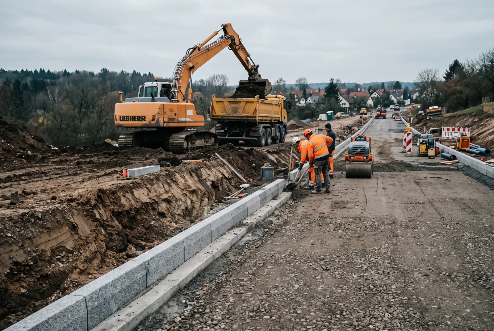 Straßenbaustelle: Bagger beim Erdaushub, gesetzte Bordsteine entlang der neuen Trasse und eine verdichtete Schottertragschicht.