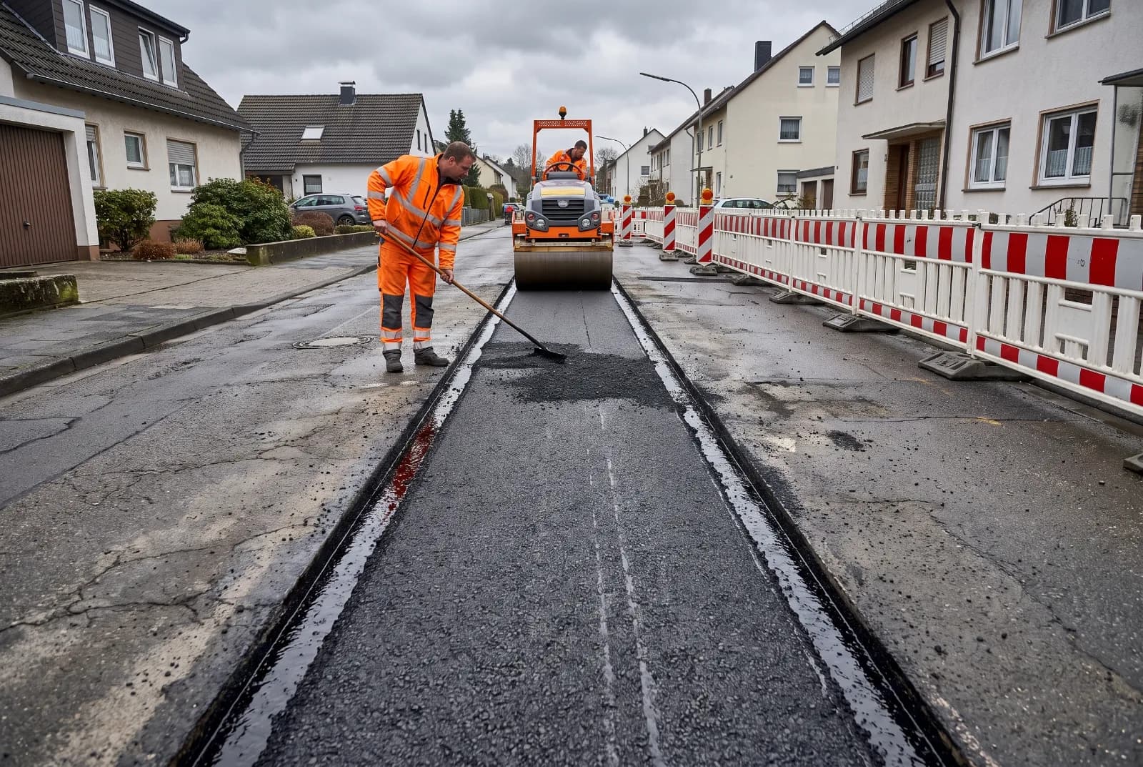 Wiederherstellung nach Leitungsarbeiten: in den aufgeschnittenen Streifen wird Asphalt eingebaut und abgezogen, eine Walze verdichtet dahinter, links und rechts steht die alte Fahrbahndecke an.